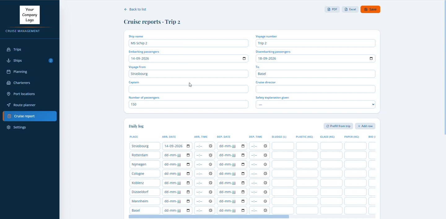 Cruise report with voyage details and daily log