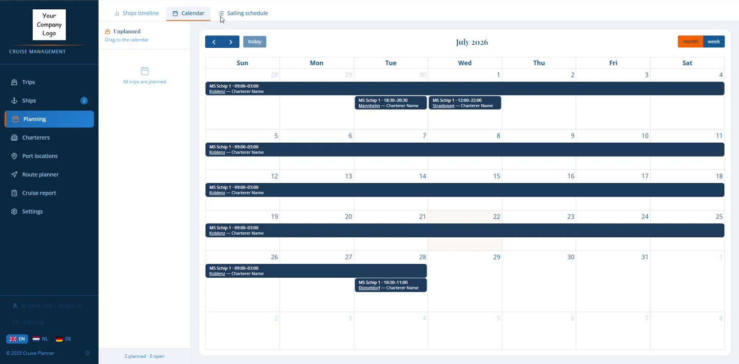 Cruise Planner monthly ship planning calendar