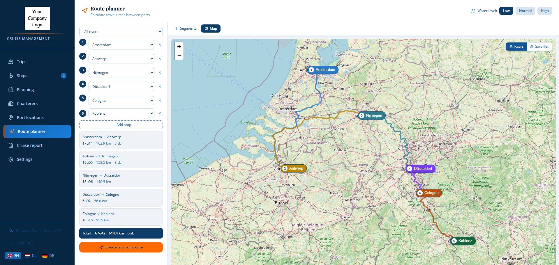 Cruise Planner route map from Amsterdam via Antwerp, Nijmegen, Düsseldorf and Cologne to Koblenz
